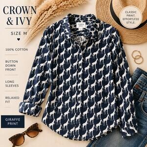 Crown & Ivy Giraffe Print Button Down Shirt Medium Navy White Safari Blouse